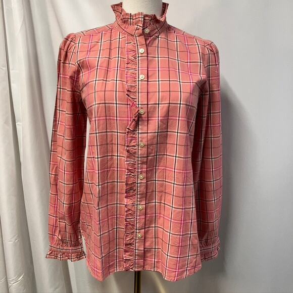 Loft Plaid Ruffle Button Up Blouse Pink Long Sleeve Women SP Preppy Spring New - Picture 2 of 15